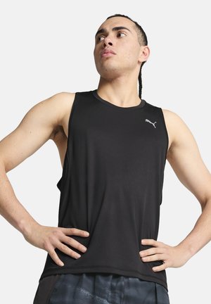 Black sleeveless athletic tank top made of breathable fabric, featuring a round neckline and a small white Puma logo on the chest.