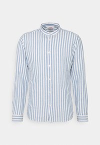 Vaaleansininen ja valkoinen raidallinen pitkähihainen paita, jossa on bandakaulus, etupuolen nappisuljin ja kontrastiväriset hihansuuraidat. Valmistettu pellavasta.