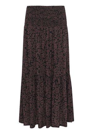 Jupe maxi à motif floral foncé avec une taille smockée. Dotée d'un design à volants, elle est fabriquée à partir d'un tissu doux avec une texture fluide.