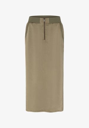 Khaki midi skirt with a smooth finish, featuring a ribbed waistband, front zipper, and side pockets for added functionality.