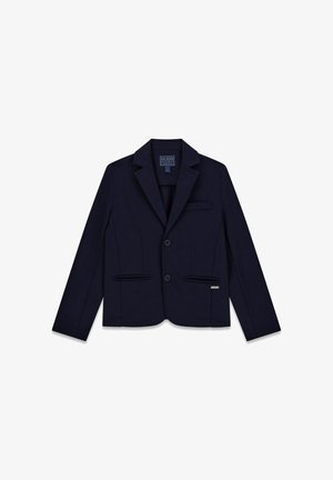Blazer blu navy realizzato in un tessuto liscio, con due tasche frontali, rever a lancia e due bottoni. Design semplice e sartoriale.
