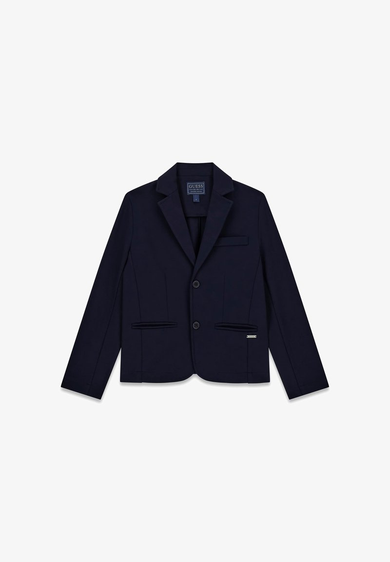 Marineblauer Blazer aus glattem Stoff, mit zwei Vorderentaschen, Revers mit Kerbe und zwei Knöpfen. Schlichtes, maßgeschneidertes Design.