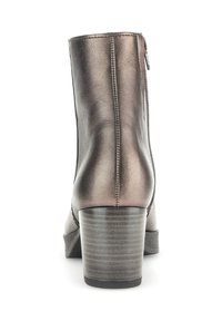 Metallic bronze ankle boot with a smooth texture, featuring a side zipper and a stacked, textured heel.
