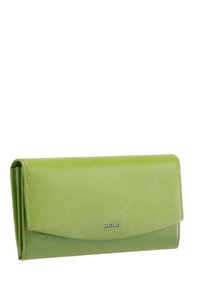 Green leather wallet with a textured surface, rectangular shape, and a flap closure. Features metallic brand logo on the front.