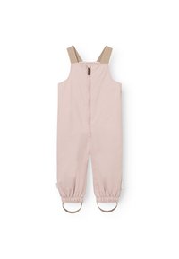 Lichtroze draagoveralls met bruine schouderbanden, voorzien van een ritsluiting en elastische manchetten met lussen voor schoenen. Glad textuur.