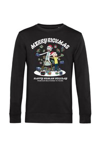 Felpa nera con grafiche di cartoni colorati di personaggi con cappelli di Babbo Natale, circondati da regali. Testo: "BUON RICKMAS FELICE FESTA UMANA."