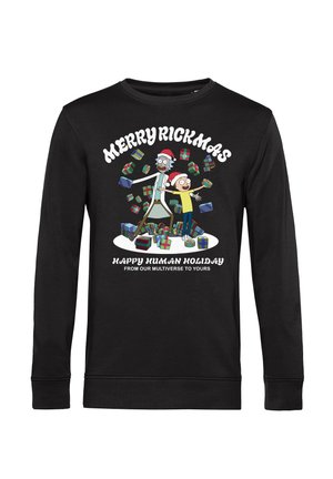 Černá mikina s barevnými kreslenými grafikami postaviček v santovských čepicích, obklopenými dárky. Text: "VESSELÝ RICKMAS ŠŤASTNÉ LIDSKÉ VÁNOCE."