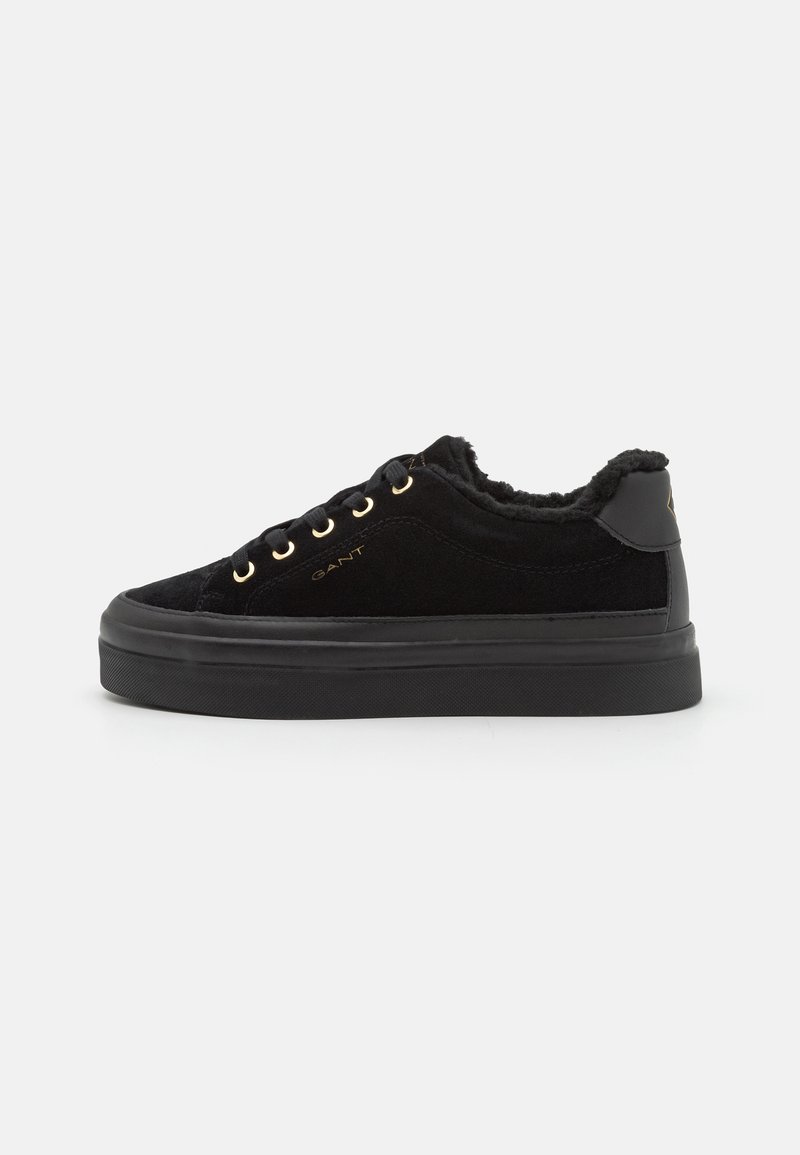 Schwarze Wildleder-Sneaker mit einem flauschigen Innenfutter, goldenen Ösen und einer dicken schwarzen Gummisohle. Enthält minimale Branding auf der Seite.