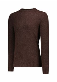 Maglione di lana marrone, scollo rotondo, maniche lunghe, orlo e polsini a coste, texture morbida, colore uniforme, senza motivi o dettagli hardware visibili.