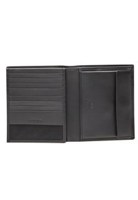 Black leather wallet with multiple card slots, textured accents, and a spacious interior pocket. Features stitched edges and branding.