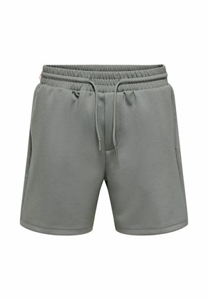 Gray elastic waistband shorts with drawstring, front pockets, and a relaxed fit, displayed against a white background.