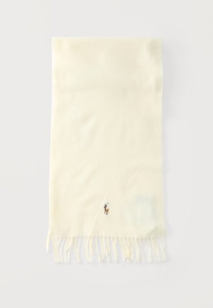 Schal in cremefarben mit fransigen Enden und einem kleinen bestickten Logo eines Polospielers auf einem Pferd nahe einem Rand.