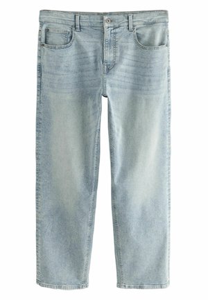 Lys blå denimjeans med en afslappet pasform, der har fem lommer, lynlås og subtile falmninger over stoffet.