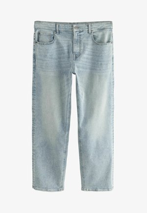 Šviesiai mėlynos denim kelnės su laisvu pjūviu, turinčios penkias kišenes, užtrauktuką ir subtilų blukimą ant audinio.