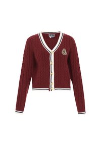 Bordeaux kaapuskardigan med v-hals, knaplukning, creme trim og marineblå og hvide stribede detaljer. Den har en dekorativ patch.