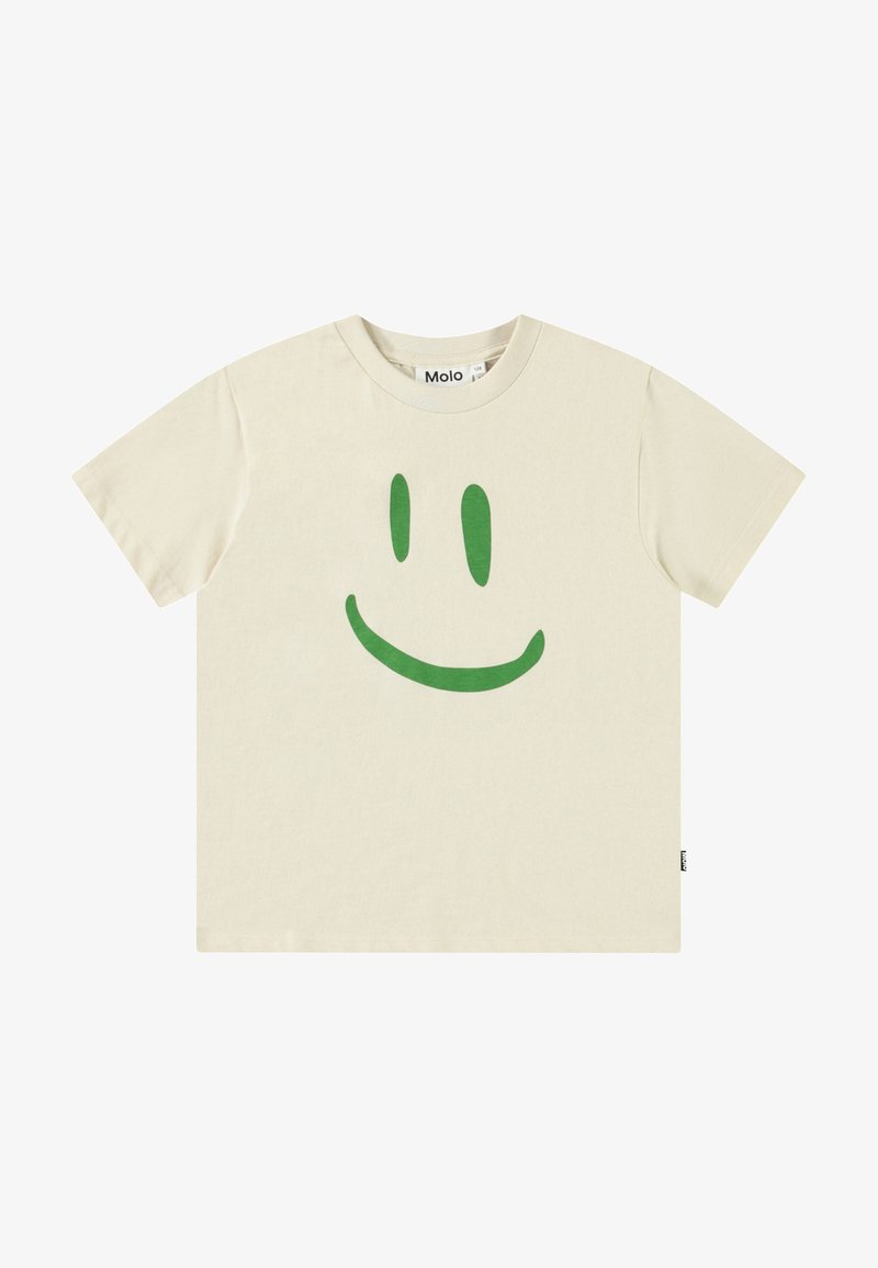 Kremkrāsas kokvilnas T-krekls ar lielu zaļu smaidošu seju grafiku priekšpusē. Īsas piedurknes un apaļa kakla izgriezuma forma.