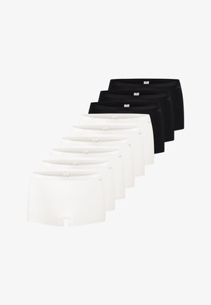 Paquet de huit shorts en coton extensible en noir et blanc, dotés d'une texture lisse, d'une ceinture élastique et d'une coupe ajustée sans coutures visibles.