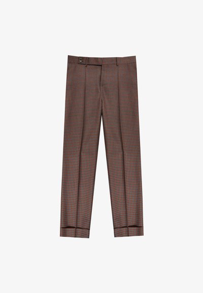Pantalons ajustés en motif pied-de-poule marron et bleu, avec plis avant, ourlets à revers, passants de ceinture et deux boutons à la taille.