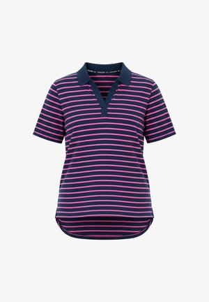 Granatowy polo z krótkim rękawem, różowe poziome paski i kołnierzyk z dekoltem w serek, lekko dłuższy tylny brzeg.