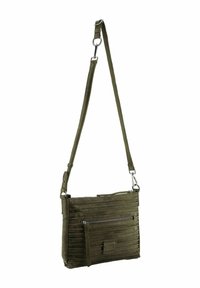 Sac bandoulière vert olive en tissu texturé, avec une poche avant zippée et une bandoulière réglable ornée de ferrures en argent.