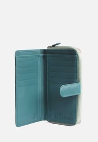 Teal leather wallet with a zip closure, multiple card slots, a button snap closure, and embossed text, featuring a contrasting fabric exterior.