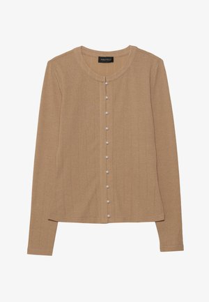 Bež kratka jakna z rebrastim vzorcem, dolgimi rokavi, okroglim izrezom in sprednjo zaponko s perlasta podobnimi gumbi vzdolž zapenjača.