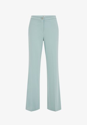 Helehallid, laiade säärega püksid siledast kangast. Omavad nööpidega kinnitust ja peent esiseeliku detaili.