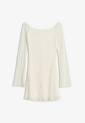 White lace dress with long sleeves, off-the-shoulder neckline, textured fabric, and a flared hem. Intricate lace pattern throughout.