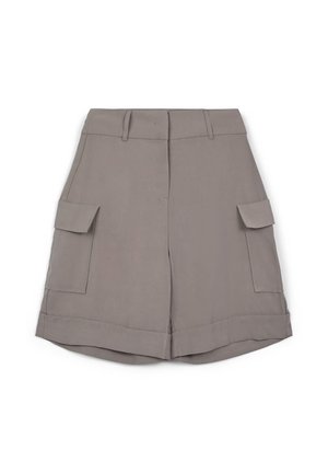 Pantaloni cargo grigi con un design strutturato, dotati di due tasche laterali, orlo piegato e passanti per cintura. Realizzati in un tessuto liscio.