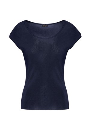 Bluză tricotată de culoare bleumarin, cu mânecă scurtă și decolteu rotund, având un material texturat și o formă ajustată. Finisaj neted, material ușor.