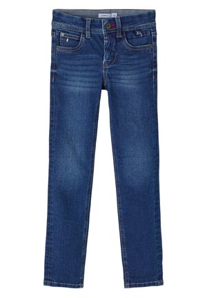 Blå slim-fit børnejegings med forlommer, bæltestropper, knaplukning og subtilt falmet detaljer på lårene.