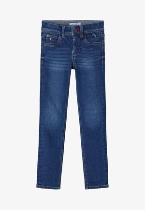 Jean bleu ajusté pour enfants avec poches avant, passants pour ceinture, fermeture par bouton, et détails subtils délavés sur les cuisses.