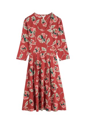 Red knee-length dress with 3/4 sleeves, V-neck, and floral print in pink, green, and blue tones.