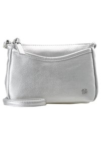 Srebrna torebka crossbody z syntetycznej skóry z zamkiem błyskawicznym na górze, gładką fakturą, zaokrąglonym panelem, odpinanym paskiem i detalem z logo.