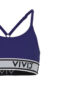 Violetti urheiluliivi, jossa on säädettävät ristiselkäremmit. Ominaisuuksiin kuuluu musta-valkoinen elastinen vyö, jossa on selvästi näkyvä "VIVID"-logo.