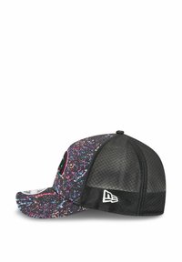 Black cap featuring a colorful speckled pattern, a curved brim, and mesh back. Accents include a logo on the front and side.