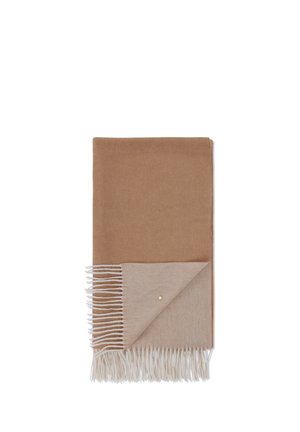 Brown and beige wool scarf with a smooth texture, fringed edges, and a small gold accent. The design features a two-tone color block.