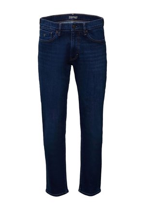 Dunkelblaue Slim-Fit-Herrenjeans mit vorderem Knopf und Reißverschluss, Fünf-Taschen-Design und subtiler Verfärbung im Oberschenkelbereich.