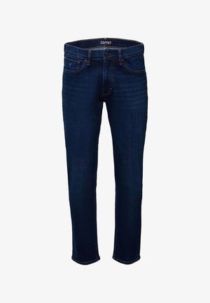 Jean slim bleu foncé pour homme avec bouton et fermeture éclair à l'avant, design cinq poches et légère décoloration aux cuisses.
