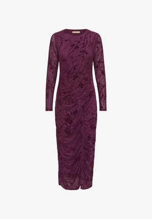 Pikkade varrukatega, burgundi värvi kleit, mis on kaunistatud lillemustriga; kokku rüüstatud külgedega ja põlve keskosa pikkuses. Valmistatud kergest ja poolläbipaistvast materjalist.