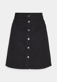 High-waisted black denim skirt with front button closure, belt loops, and two side pockets.