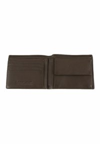 Brown leather wallet, bi-fold design with multiple card slots, a larger pocket, and textured surface. Embossed logo on the front.