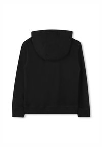 Sweatshirt à capuche noir avec une texture lisse, présentant une poche kangourou et des poignets côtelés, affiché de dos.