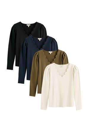 Pikad varrukad mustas, meresinises, oliivrohelises ja valges; sakilise V-kaeluse disain; puhvärvlid; sile ja kerge kangas.