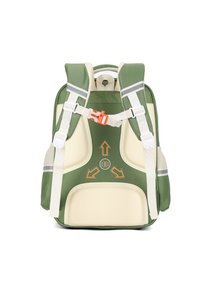 Zaino verde e crema con spallacci imbottiti, fibbie regolabili e frecce a motivo. Presenta lati in rete e una maniglia superiore.