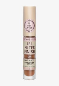 Correcteur Revolution IRL Filter Finish dans un tube beige avec un fond transparent ; étiqueté C14, présente une finition mate douce, est résistant à l'eau et a une formule sans huile.