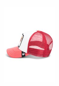 Cappellino bianco con rete rossa sul retro, visiera curva e patch con logo nella parte anteriore. Presenta un sottogolfio rosa e chiusura a scatto regolabile.