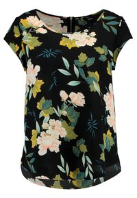 Blommig blus i svart tyg med rosa och gula blommor samt gröna blad. Rundad halsringning och korta ärmar med volang, något rundad nederkant.