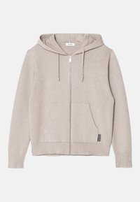 Beige Zip-Hoodie aus weichem Material, mit einer Fronttasche, Kordelzugkapuze und gerippten Bündchen für einen enganliegenden Sitz. Minimalistisches Design.