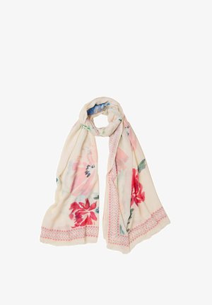 Lightweight, cream scarf with floral print in pink and blue, bordered by a decorative pattern. Soft texture, rectangular shape, versatile design.